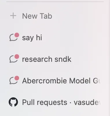 dia's sidebar with completion dots on several open threads
