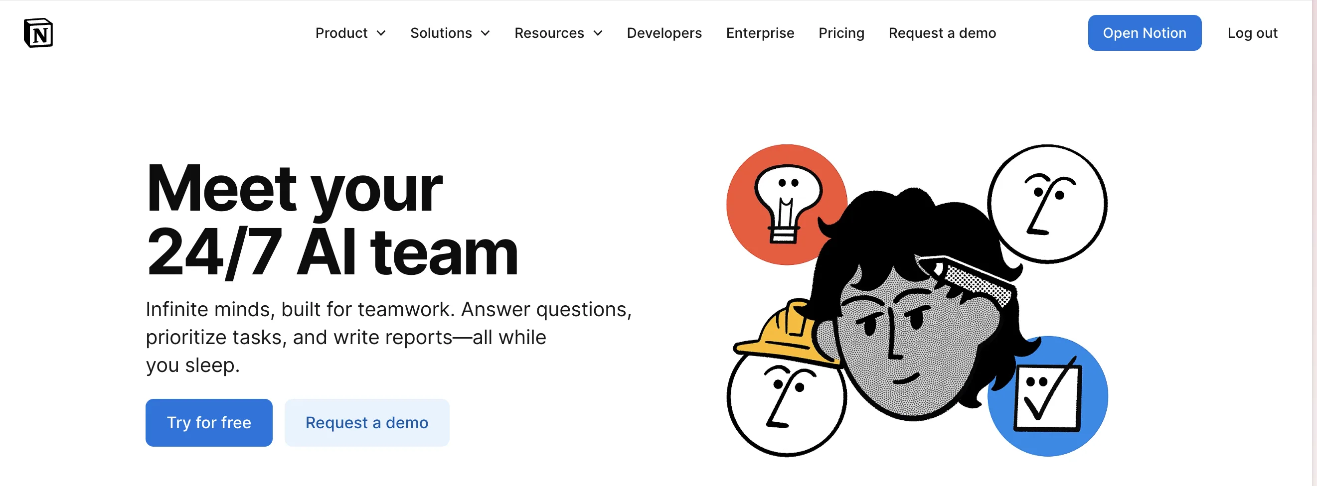 notion's landing page pitching a 24/7 ai team
