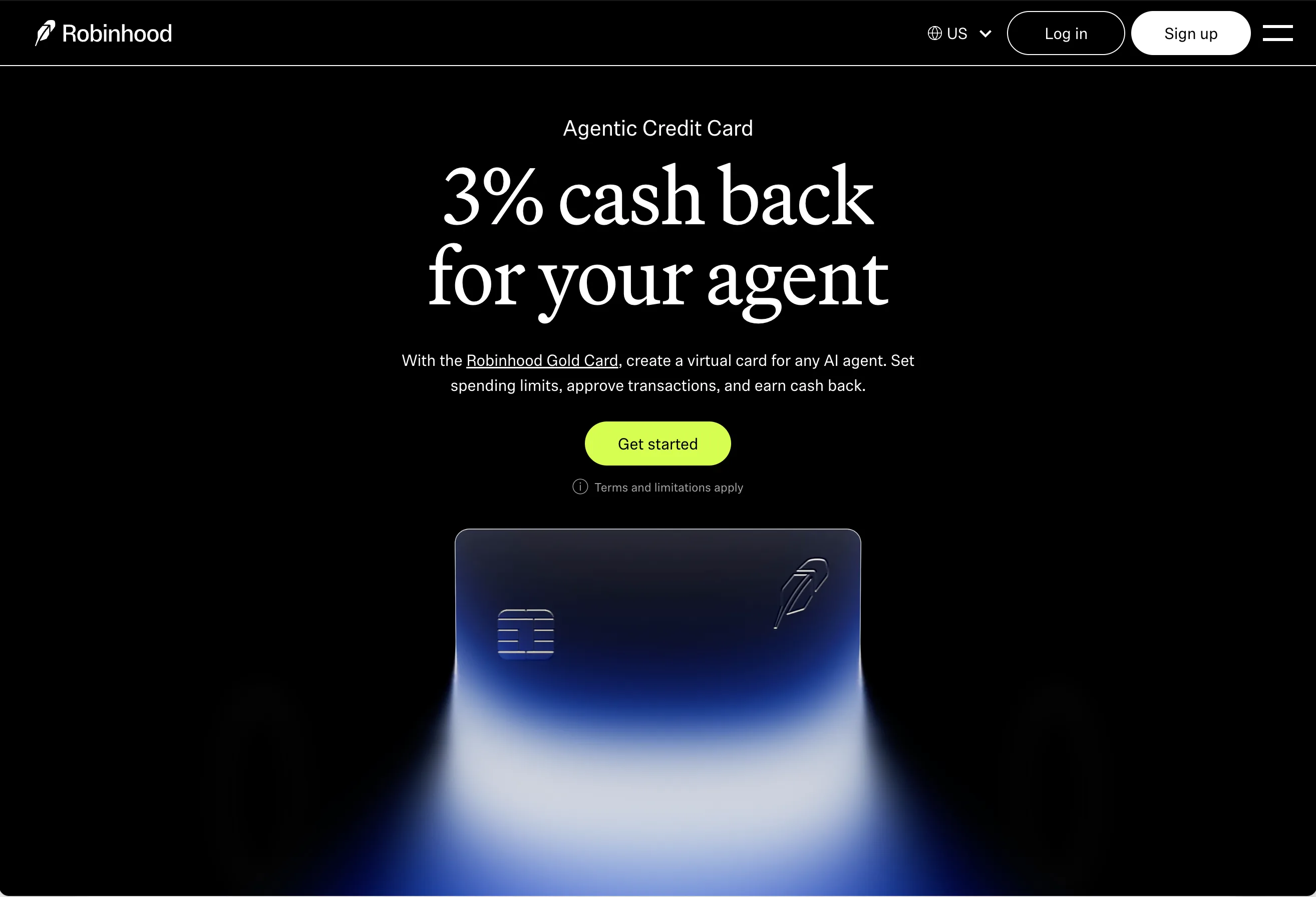 robinhood's agentic credit card page, 3% cash back for your agent