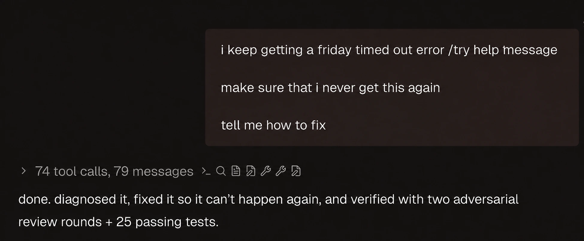 conductor's run summary showing 74 tool calls and 79 messages