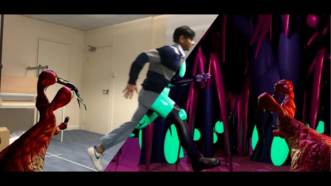 split-screen of marco predatoro: a real person in a room on one side, mapped into a glowing alien cave with creatures on the other